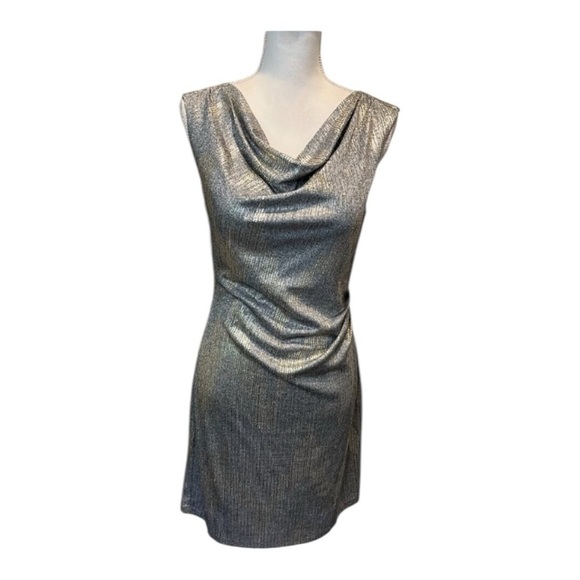 NWT White House Black Market Gray Gold Metallic Drape Neck Shine Dress Size 6 - Picture 1 of 10